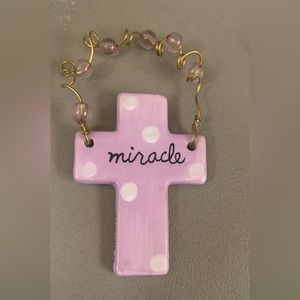 SILVESTRI HAND CRAFTED CERAMIC CROSS ORNAMENT: signed by artist-Purple(Miracle)